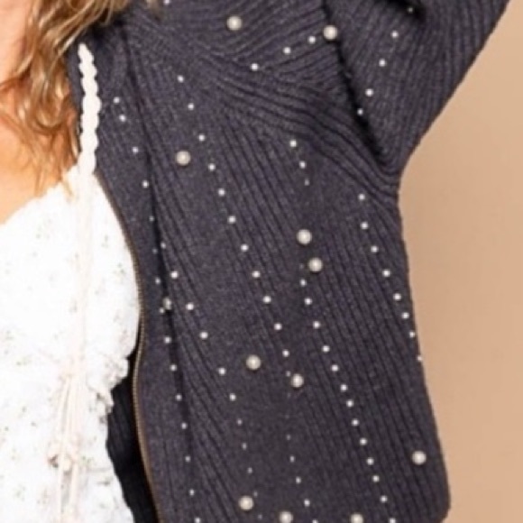 POL Hoodie With Pearls Grey Hooded Sweater with Pearl Accents New Boutique - Picture 7 of 16